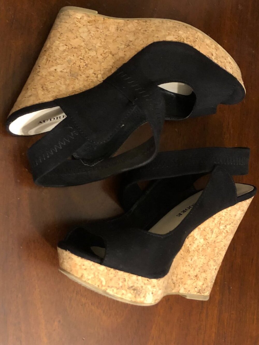 Audrey Brooke Kate Black Cork Wedge Sandals Peep Toe 7M - Picture 6 of 8